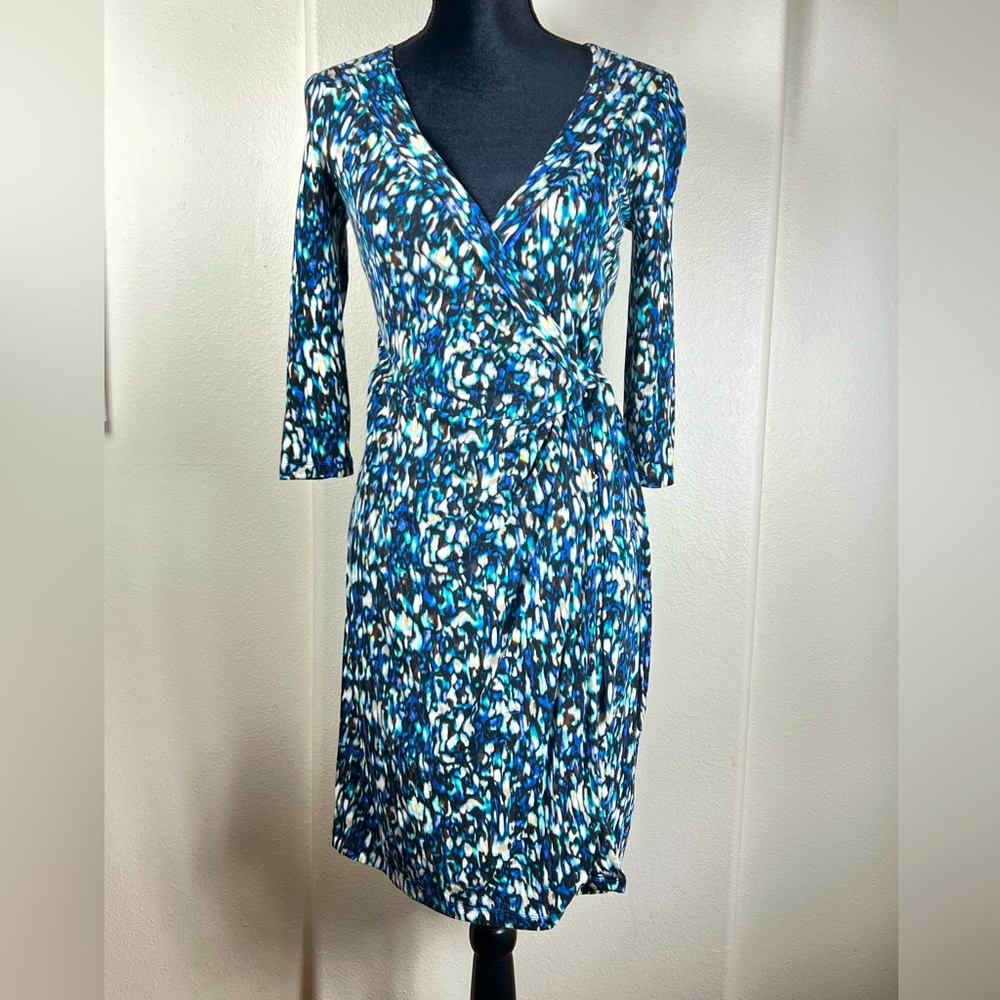 Cynthia Rowley Blue and Black Watercolor Pattern Midi Long Sleeve Dress | Size S